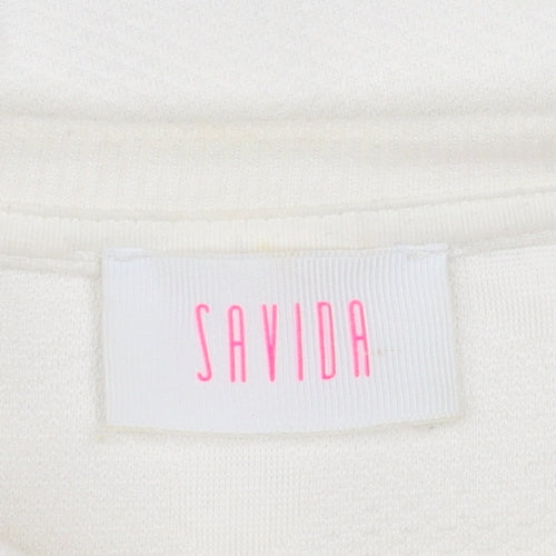 Savida Women Ivory XS Pullover Jumper Crew Neck Polka Dot Puff Sleeve