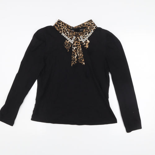 QED London Women Black Leopard Collar Beaded Bow Long Sleeve Blouse L