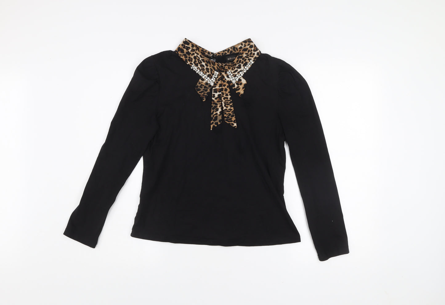 QED London Women Black Leopard Collar Beaded Bow Long Sleeve Blouse L
