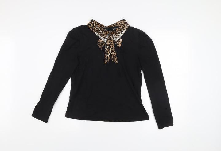 QED London Women Black Leopard Collar Beaded Bow Long Sleeve Blouse L