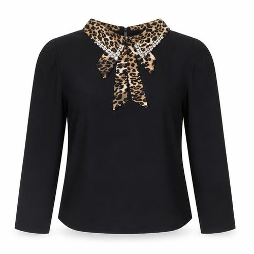 QED London Women Black Leopard Collar Beaded Bow Long Sleeve Blouse L