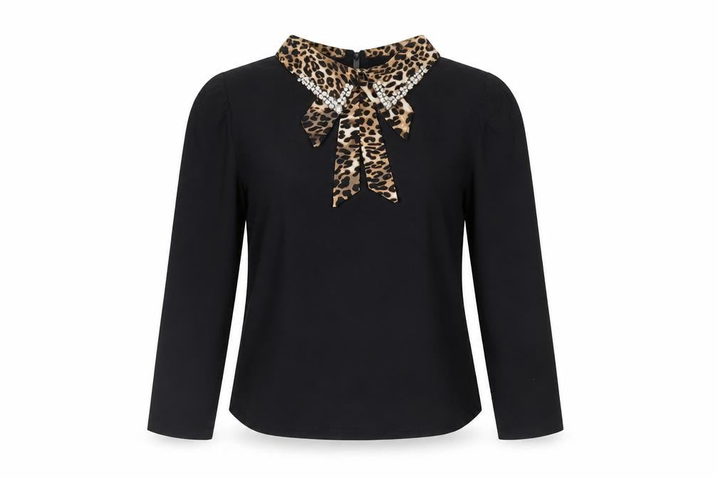 QED London Women Black Leopard Collar Beaded Bow Long Sleeve Blouse L