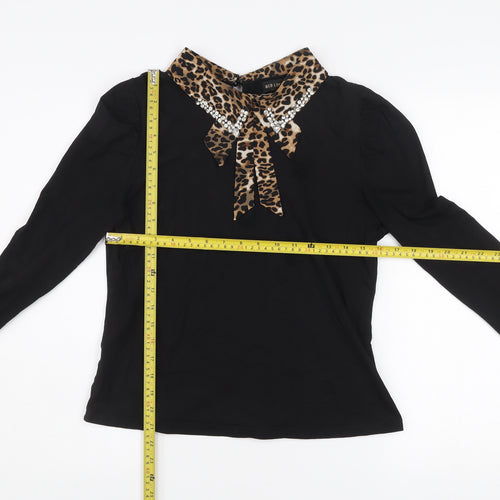 QED London Women Black Leopard Collar Beaded Bow Long Sleeve Blouse L