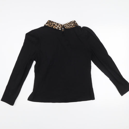 QED London Women Black Leopard Collar Beaded Bow Long Sleeve Blouse L
