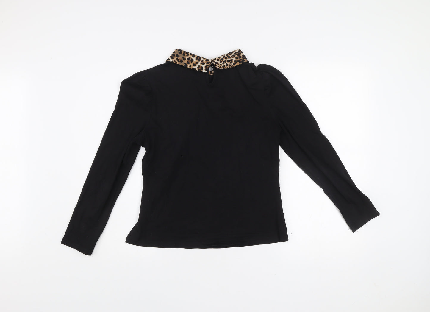 QED London Women Black Leopard Collar Beaded Bow Long Sleeve Blouse L