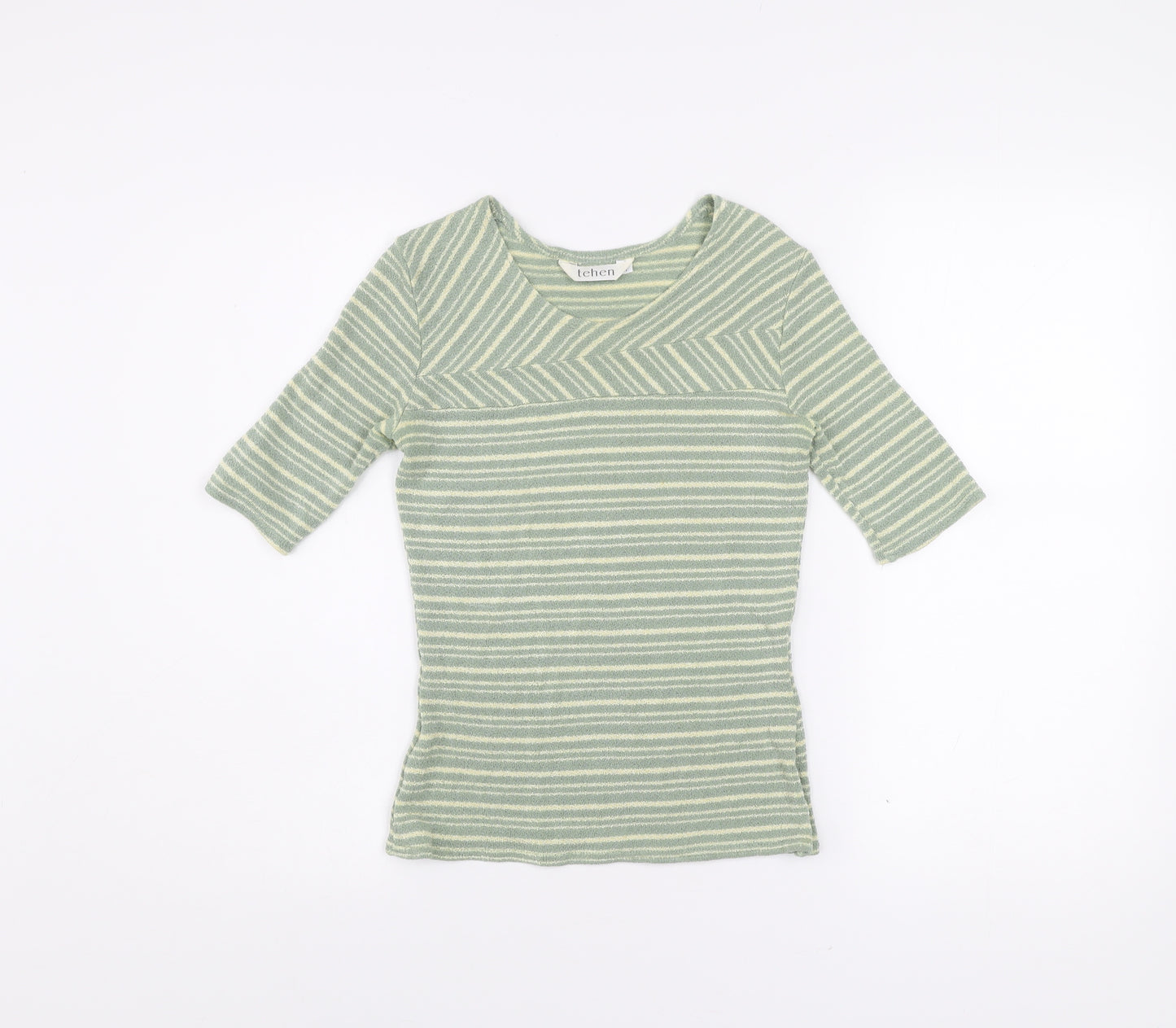 Tehen Womens Green Striped Knit Short Sleeve Scoop Neck T-Shirt Size S