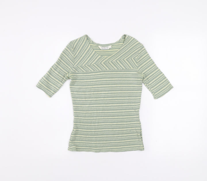 Tehen Womens Green Striped Knit Short Sleeve Scoop Neck T-Shirt Size S