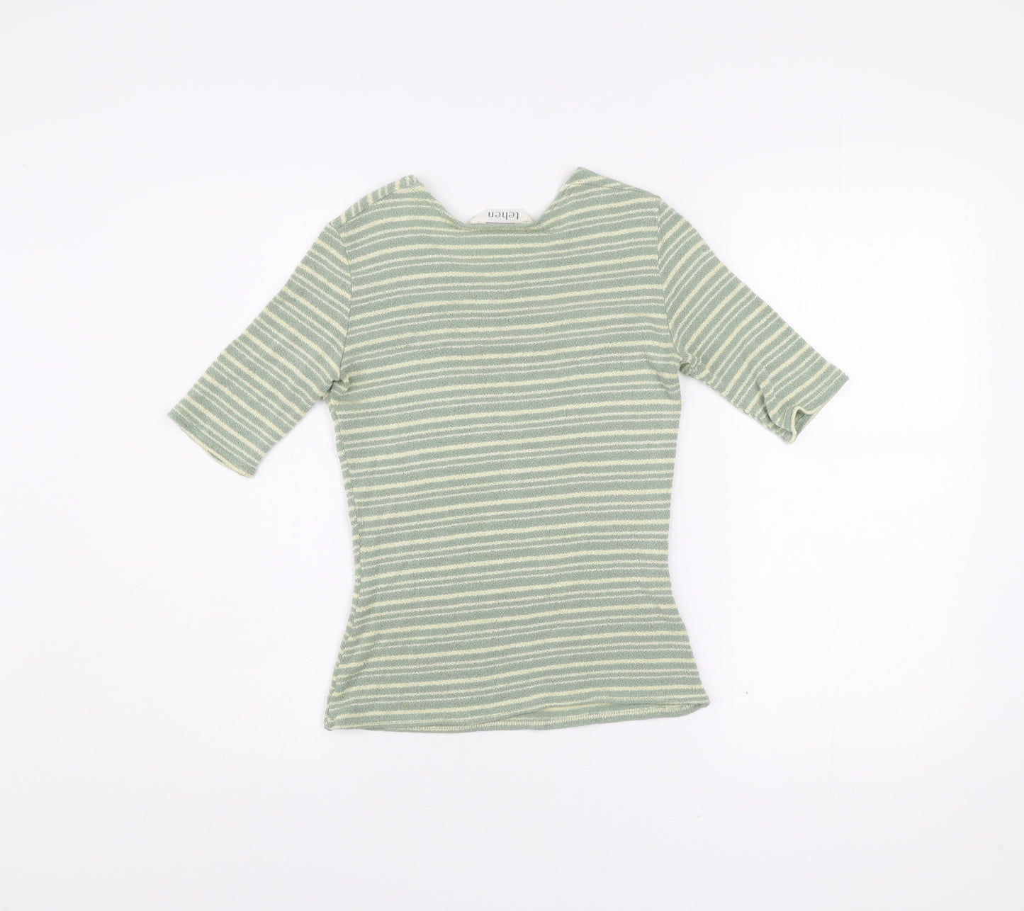 Tehen Womens Green Striped Knit Short Sleeve Scoop Neck T-Shirt Size S