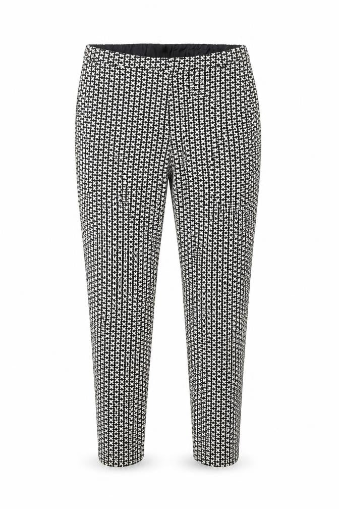 Front view of Oasis Women’s Black Geometric Slim Trousers, size UK 10