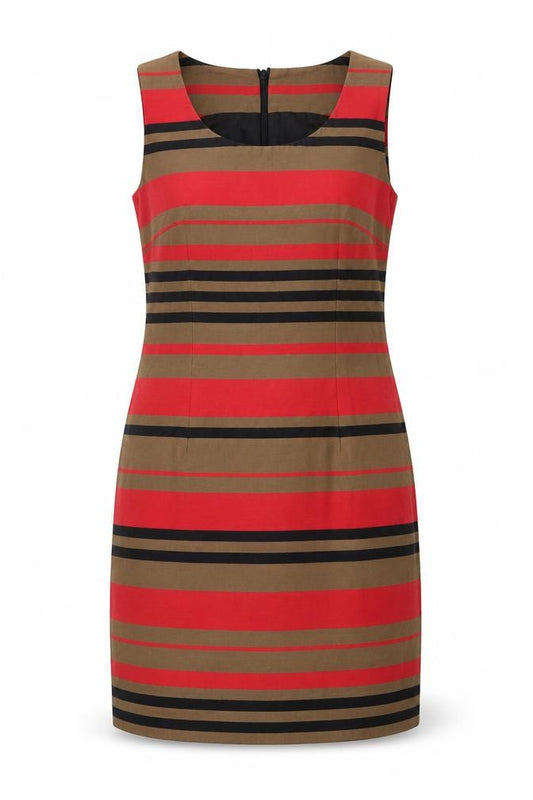 Front view of Next Women’s Red Brown Striped Sheath Dress, size UK 14, Sleeveless