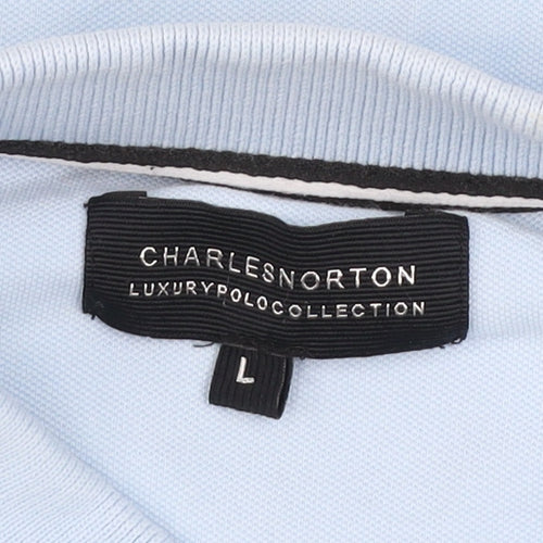 Charles Norton Mens Polo Shirt Blue White Black L Colourblock Cotton