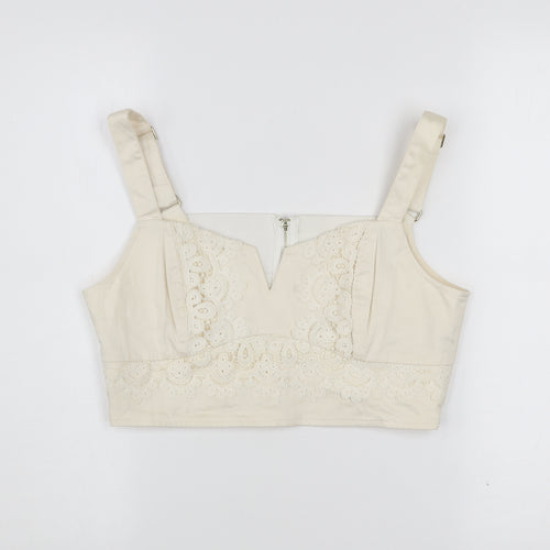 Guess Women Ivory Cropped Blouse M Cotton Lace Zip