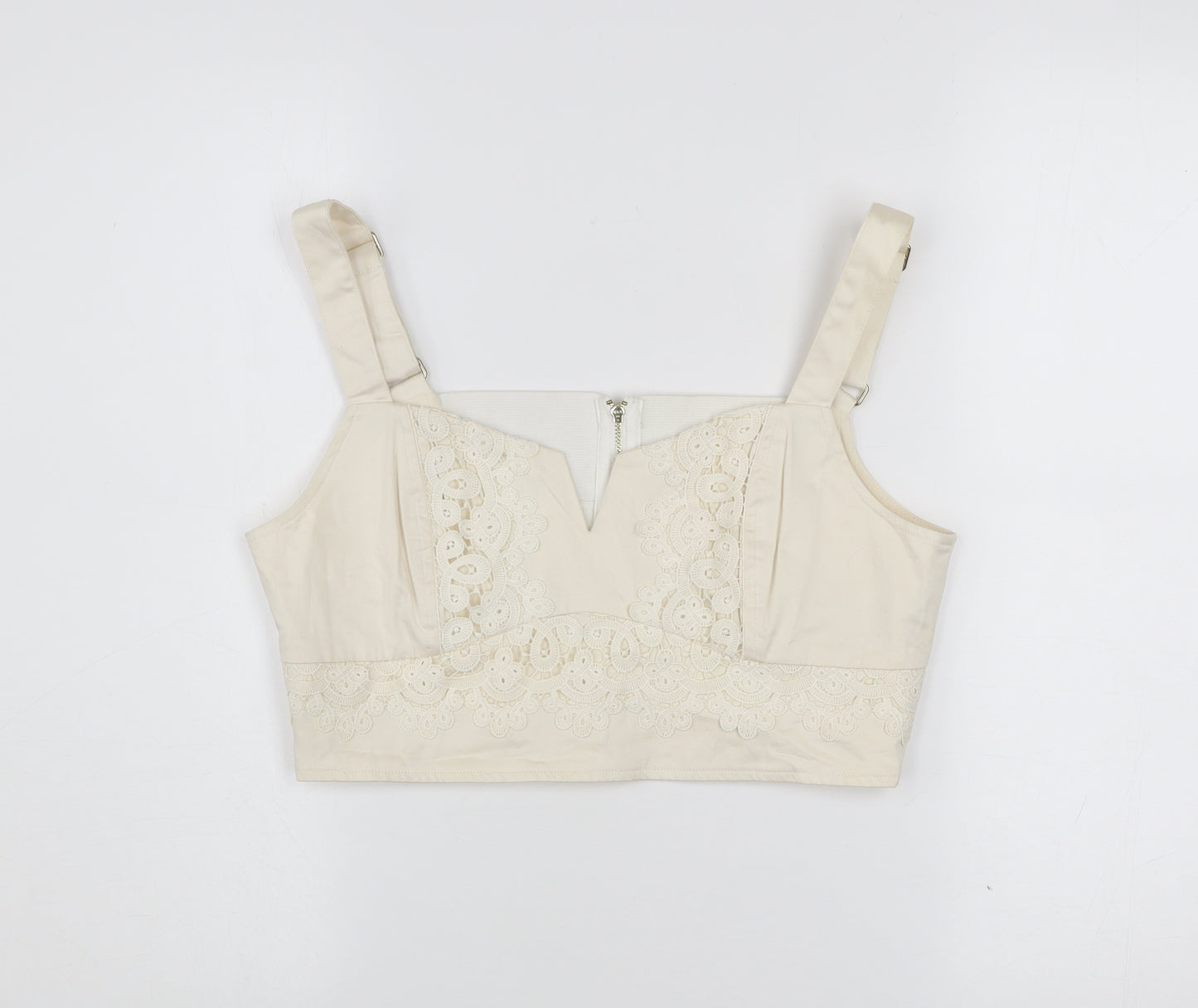 Guess Women Ivory Cropped Blouse M Cotton Lace Zip