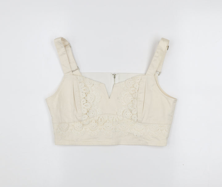 Guess Women Ivory Cropped Blouse M Cotton Lace Zip