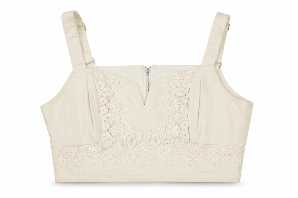 Guess Women Ivory Cropped Blouse M Cotton Lace Zip
