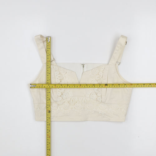 Guess Women Ivory Cropped Blouse M Cotton Lace Zip
