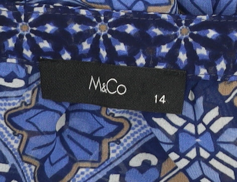 M&Co Women’s Blue Geometric Tunic Blouse Size 14 V-Neck 3/4 Sleeve