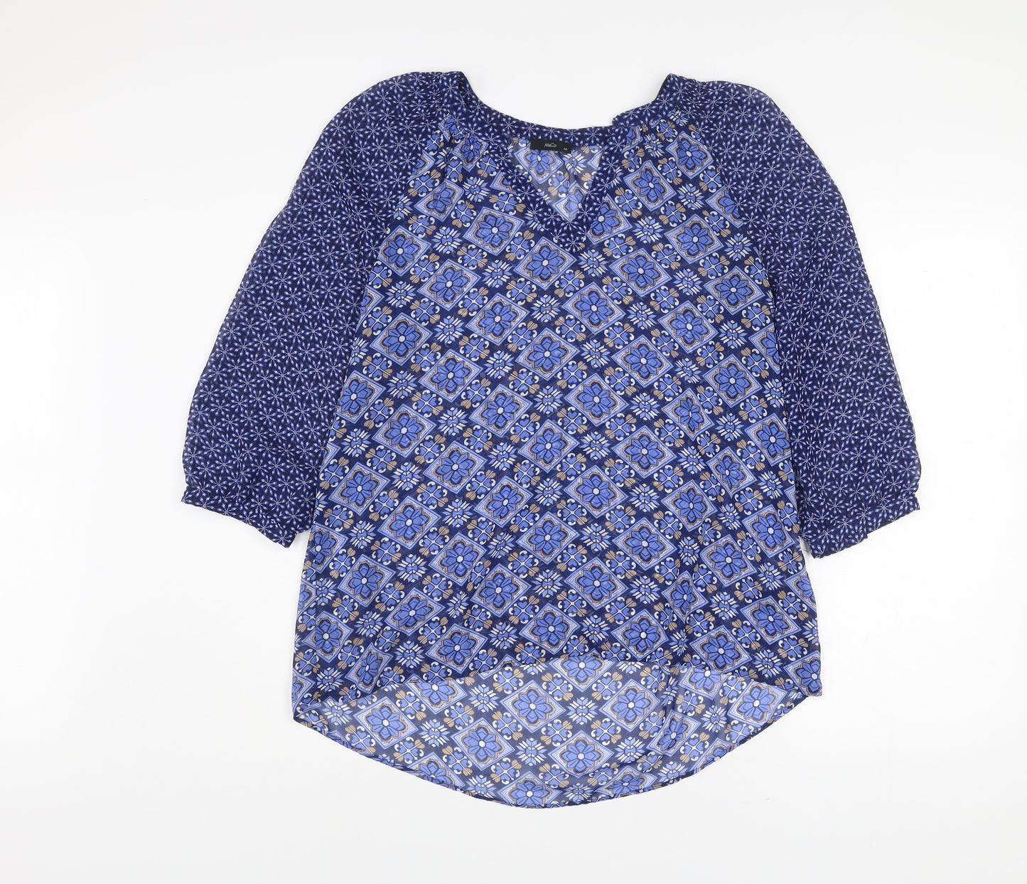 M&Co Women’s Blue Geometric Tunic Blouse Size 14 V-Neck 3/4 Sleeve