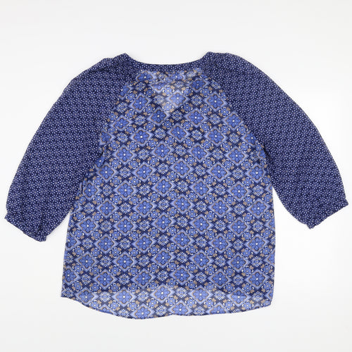 M&Co Women’s Blue Geometric Tunic Blouse Size 14 V-Neck 3/4 Sleeve