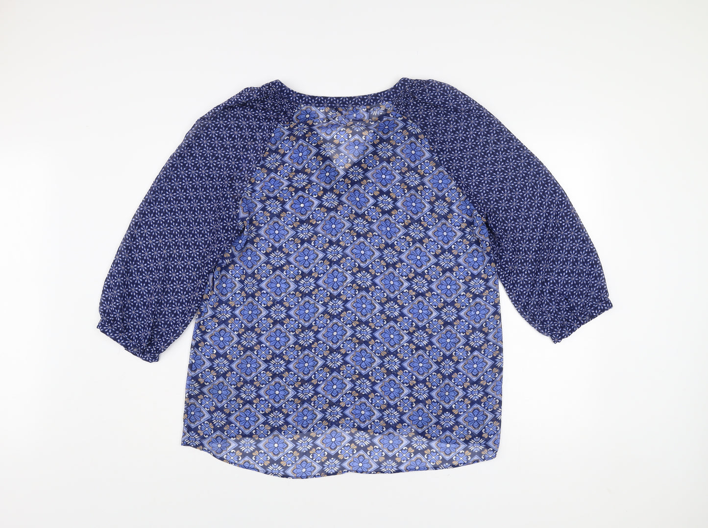 M&Co Women’s Blue Geometric Tunic Blouse Size 14 V-Neck 3/4 Sleeve