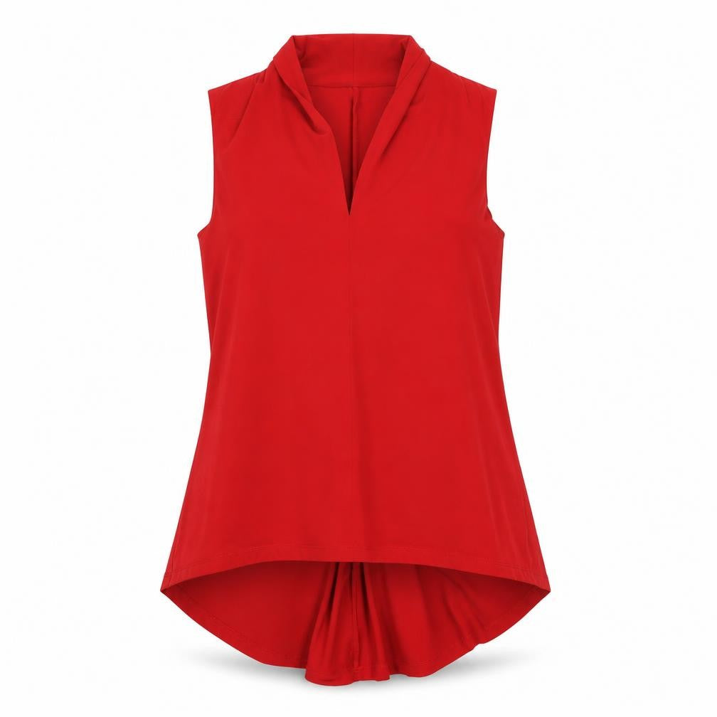 Front view of Grace women’s red sleeveless tunic blouse top, size S, v-neck