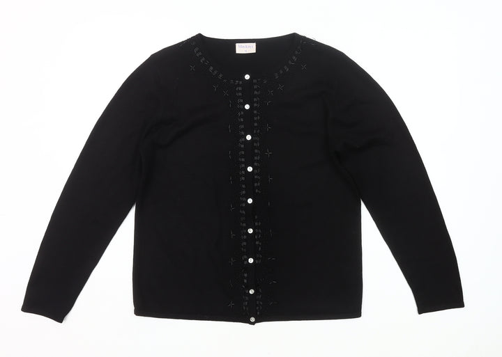 Mackays Women's Black Medium Cardigan Jumper Embroidered Knit Long Sleeve