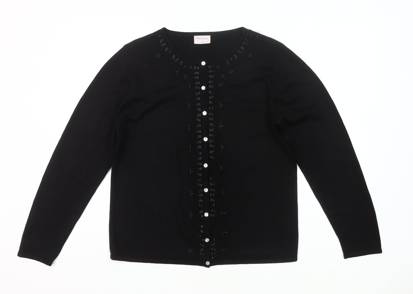 Mackays Women's Black Medium Cardigan Jumper Embroidered Knit Long Sleeve