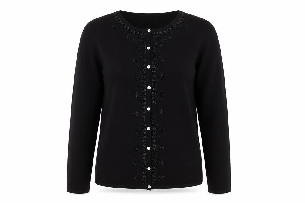 Mackays Women's Black Medium Cardigan Jumper Embroidered Knit Long Sleeve