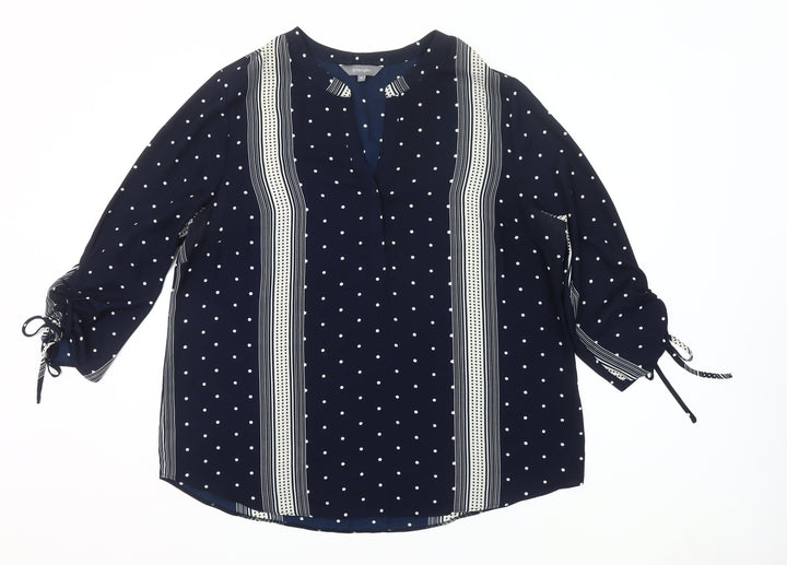 Principles Women Blue Polka Dot Tunic Blouse Size 18 V-Neck 3/4 Sleeve