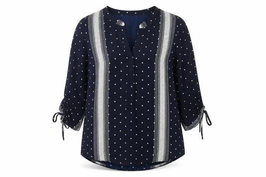 Front view of Principles Women Blue Polka Dot Tunic Blouse, size 18, V-Neck 3/4 Sleeve