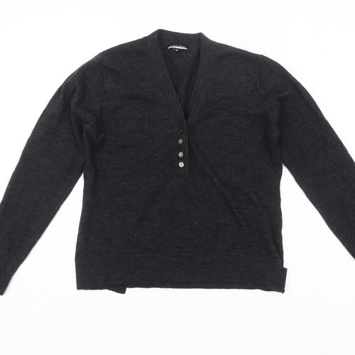 Austin Reed Womens Black Wool Henley Jumper Size M V-Neck Long Sleeve
