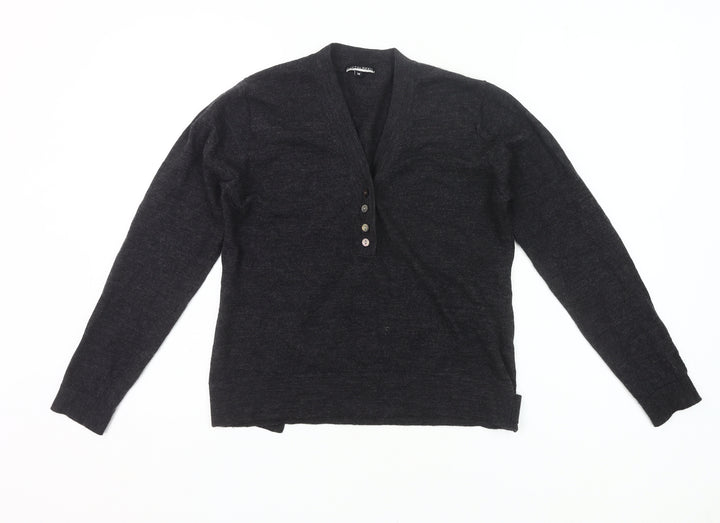 Austin Reed Womens Black Wool Henley Jumper Size M V-Neck Long Sleeve
