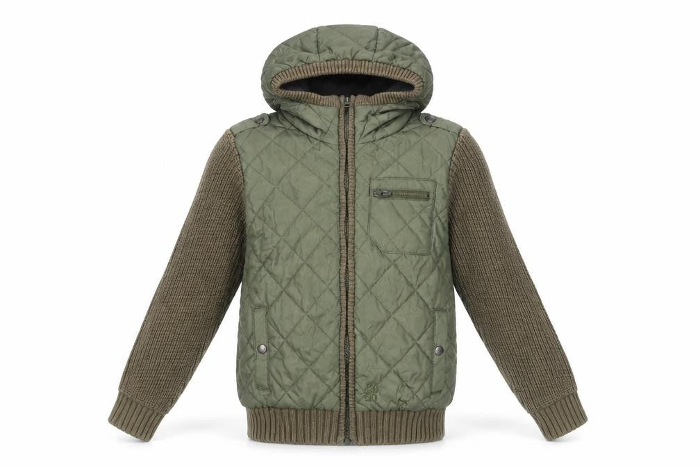 Front view of Next boys’ green quilted hooded jacket 7 years full zip padded coat