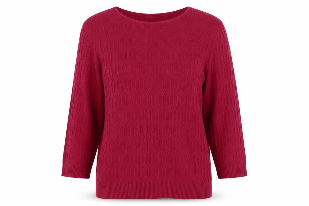 Front view of Country Casuals women’s red cotton cable knit jumper, size L