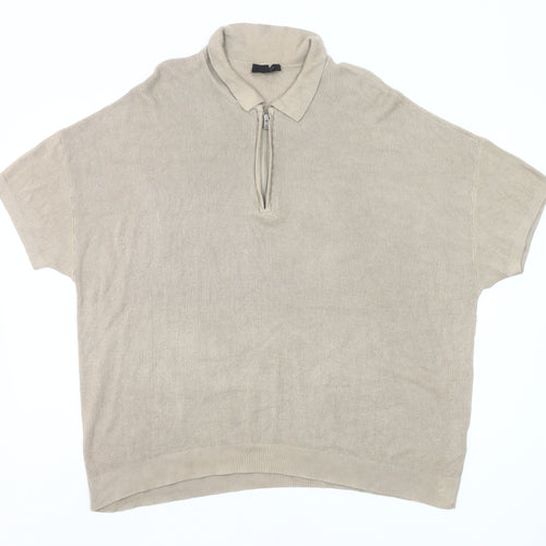 New Look Men’s Beige 2XL Collared Half Zip Short Sleeve Jumper
