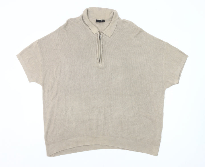 New Look Men’s Beige 2XL Collared Half Zip Short Sleeve Jumper