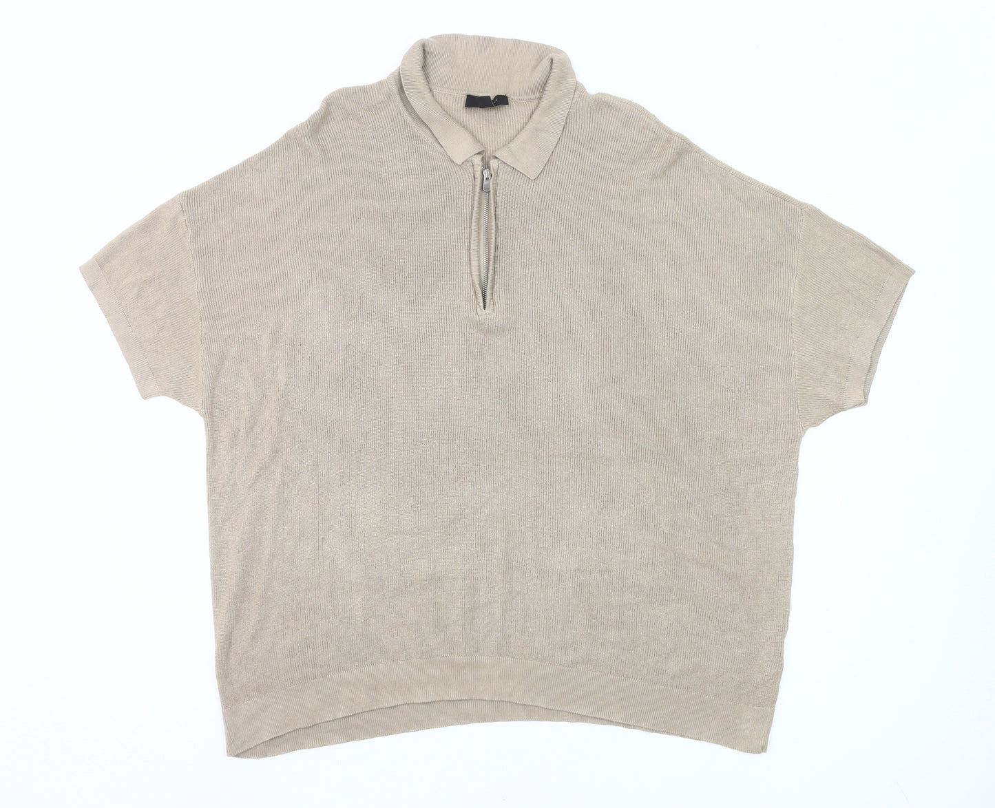 New Look Men’s Beige 2XL Collared Half Zip Short Sleeve Jumper