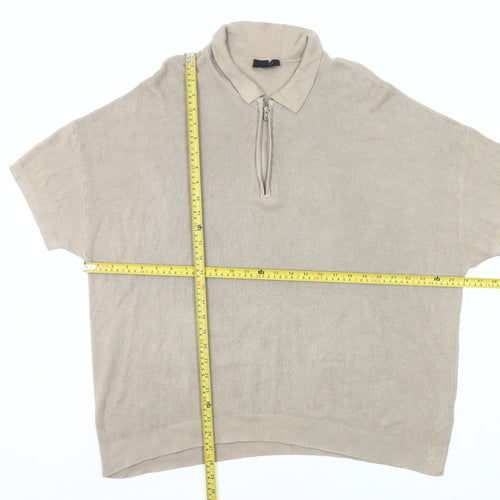 New Look Men’s Beige 2XL Collared Half Zip Short Sleeve Jumper