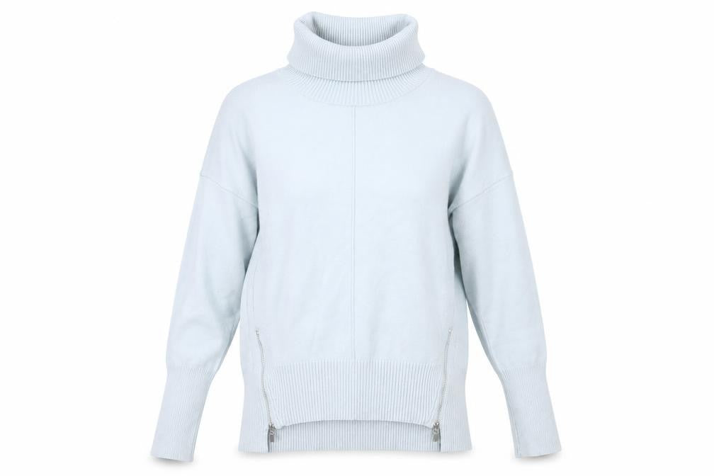 Front view of Phase Eight women’s blue xs roll neck jumper with zips
