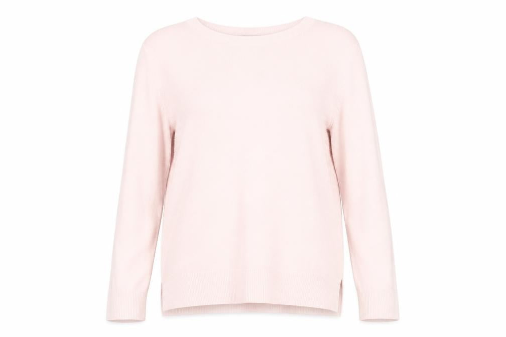 Front view of Marks & Spencer women’s pink, size UK 14, crew neck acrylic jumper