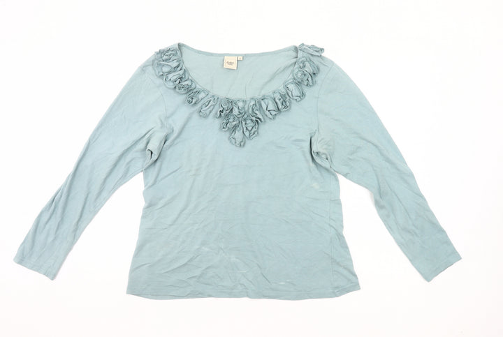 Cotton Traders Women Blue Size 14 Tunic Ruffle Neck Long Sleeve Top