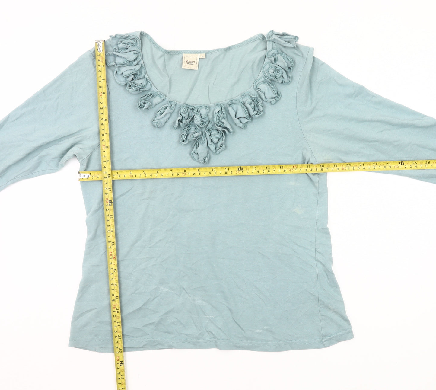 Cotton Traders Women Blue Size 14 Tunic Ruffle Neck Long Sleeve Top