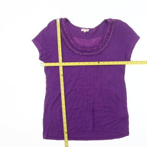 Soon Womens Purple Beaded Scoop Neck Short Sleeve T-Shirt Size 16