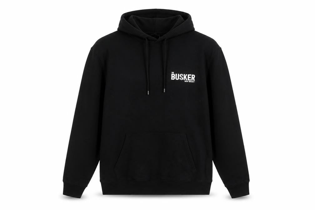 Front view of The Busker Men’s Black XL Pullover Hoodie Whiskey Logo Graphic Sweatshirt