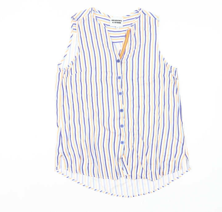 Meadows & Byrne Women’s Multicoloured Striped Sleeveless Viscose Button-Up Shirt Top M