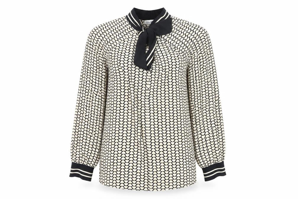 Front view of Gallery women’s ivory black bow neck long sleeve blouse uk 8