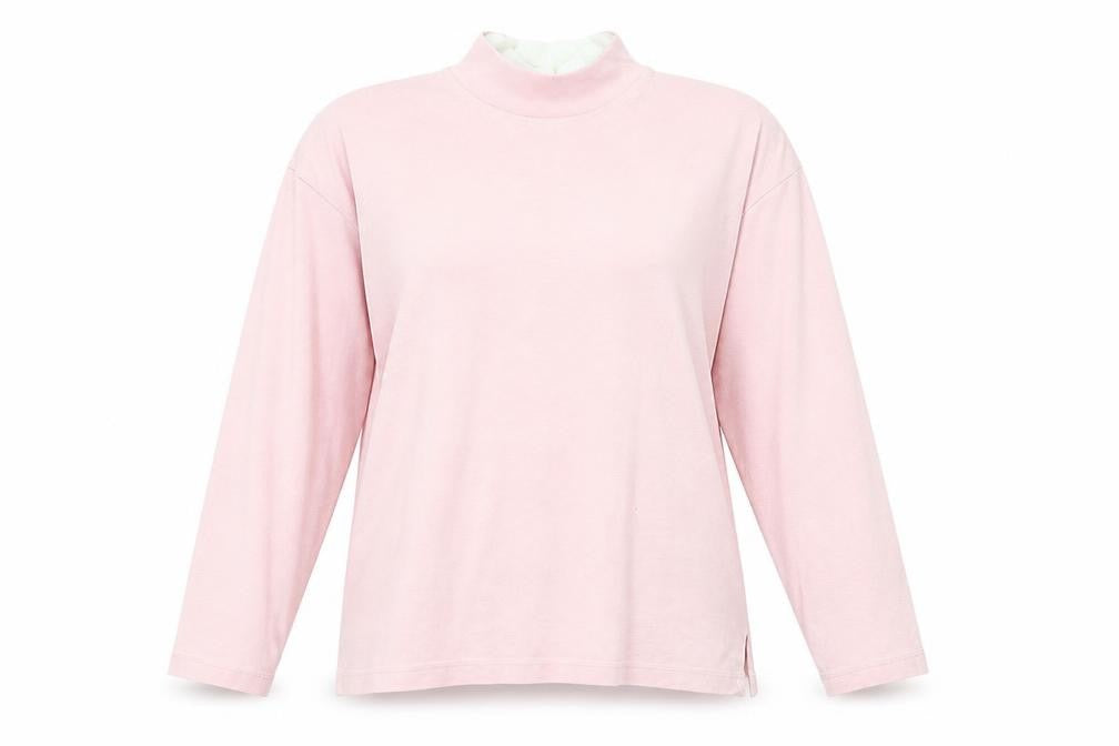 Front view of Gitano women’s pink mock neck 3/4 sleeve basic t-shirt, size S