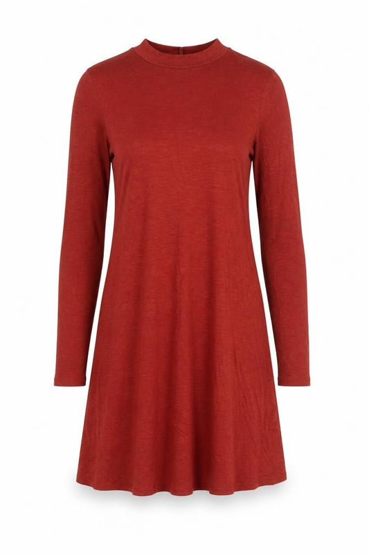 Front view of H&M Women Red High Neck A-Line Dress, size 6, Long Sleeve