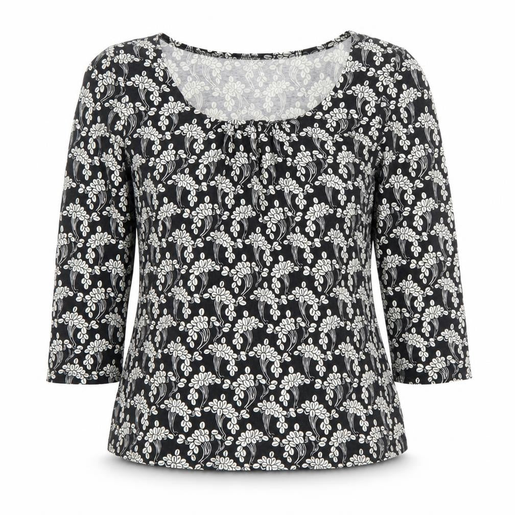 Front view of Phase Eight women’s black floral jersey tunic blouse, size UK 14