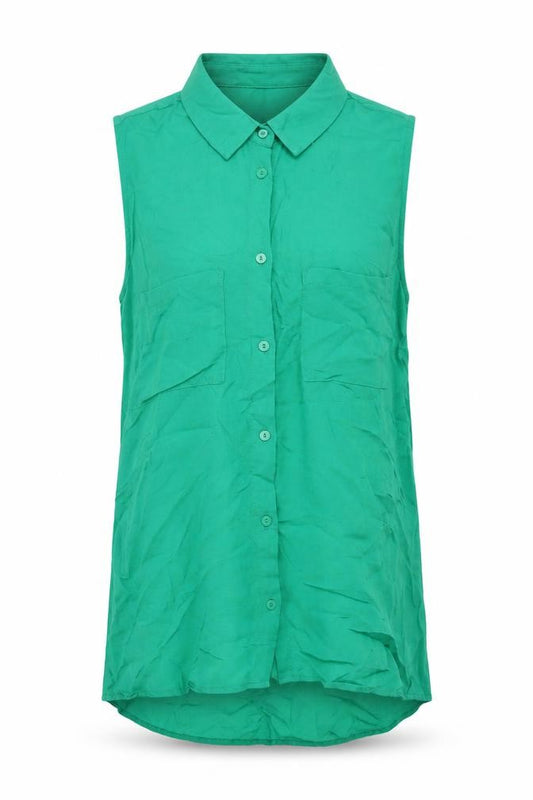 Front view of Divided women’s green sleeveless button-up shirt, size UK 6